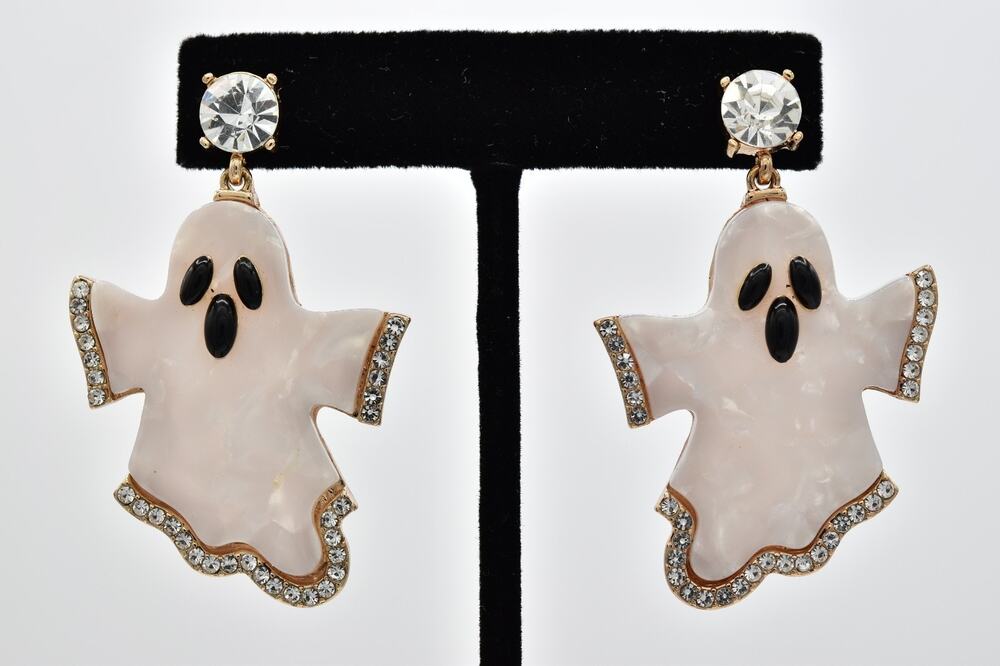 Y2K Spooky Ghost Earrings Crystal Pearlescent Halloween Statement Dangle BinAZ